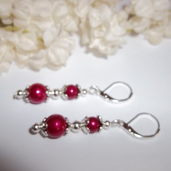 Pearl Earrings Red and Silver Beaded Dangle Drop Jewelry Set Pair NWT Gift 7350 - Picture 4 of 8